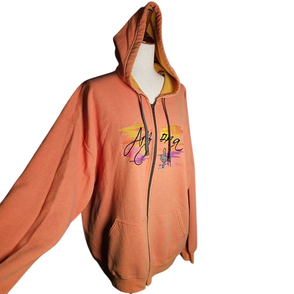 Arizona Zip Up Hoodie Sweatshirt Sweater Peach Embroidered Sunset Cactus 2X - Picture 2 of 10